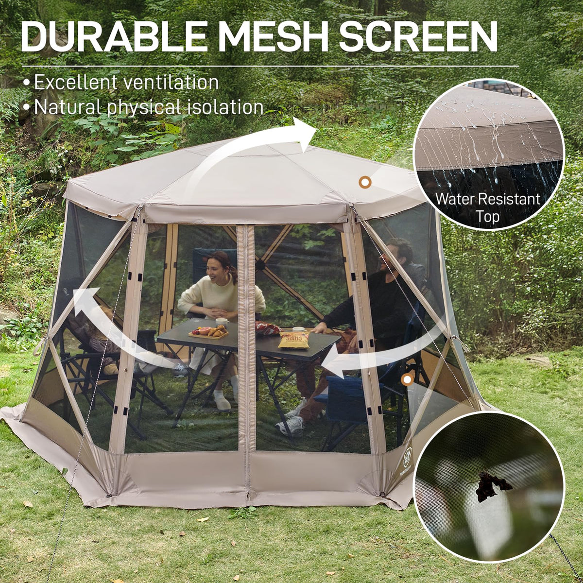 EVER ADVANCED Pop up Screen House Tent for Camping 11.5 x 9.8 ft, Instant Screened Gazebo Canopy with Netting, Portable Shelter Enclosure for Outdoor, Backyard, Khaki