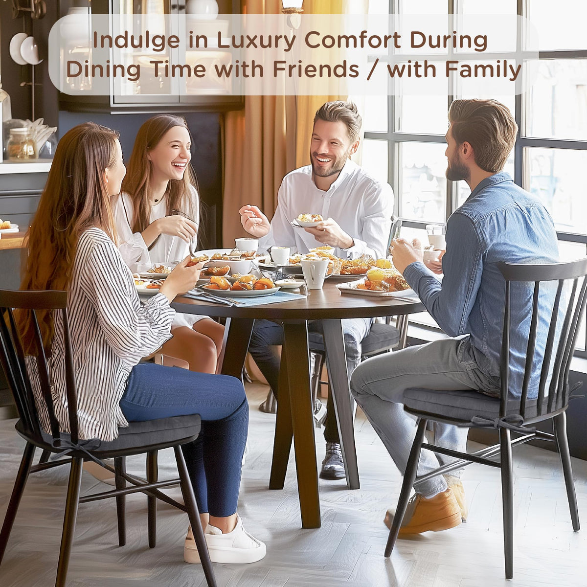 Codi Dining Chair Cushions 4 Pack, Thick Chairs Pads for Indoor Kitchen Room - Washable, Non-Slip Memory Foam Seat Cushion with Ties, 16.5"x16.5"x 3.5", Set of 4, Grey New