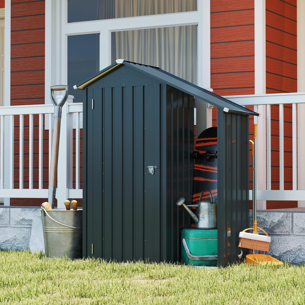 KEIKI 2-in-1 Outdoor Storage Shed & Tool Cabinet, 4.6FT Metal Garden Shed with Lockable Compartment, Open Firewood Rack, Waterproof Small Outside Storage Shed, Galvanized Steel, Dark Gray