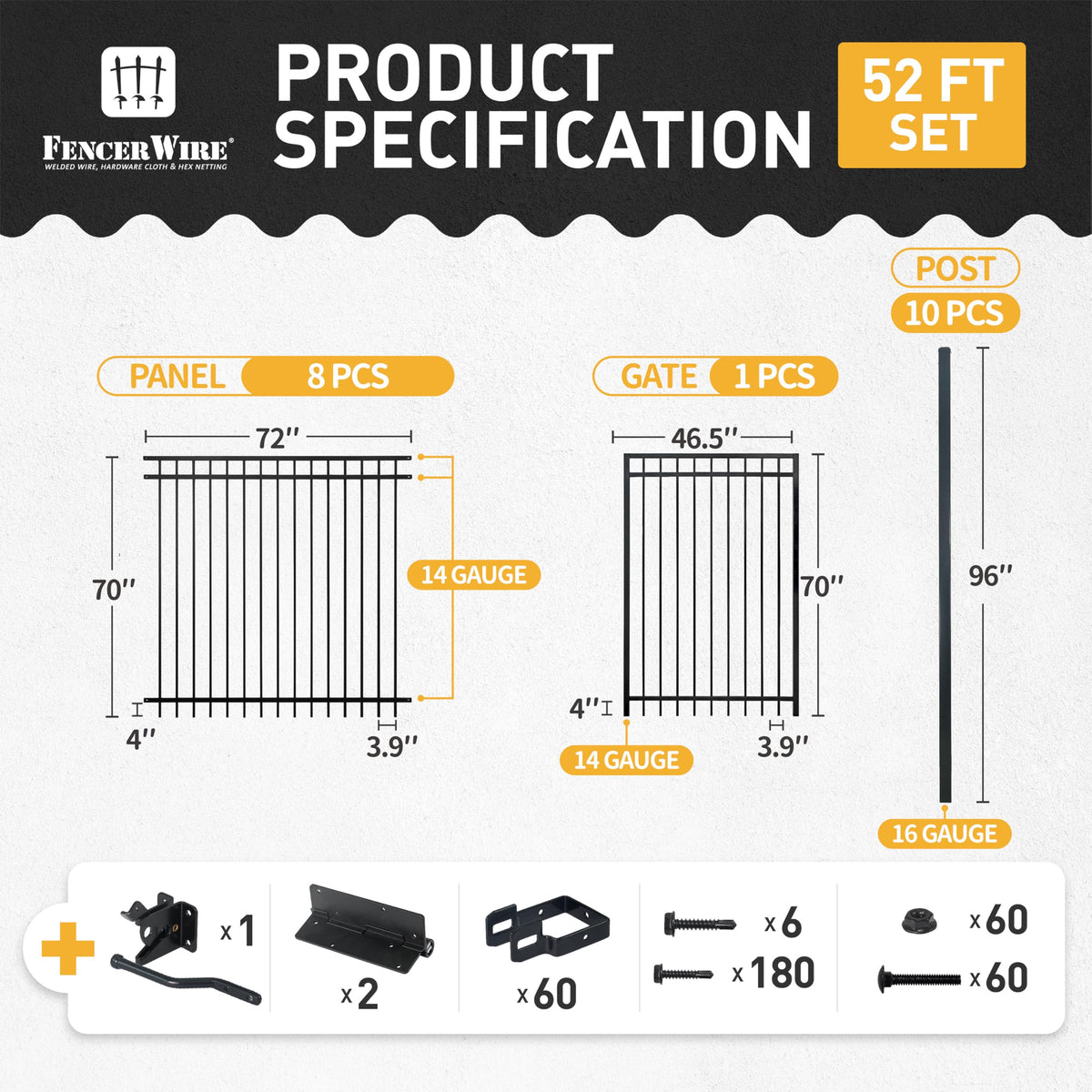 Fencer Wire 52FT Heavy Duty Flat Top Fence Barrier Kit, Anti-Rust Metal Steel Fence with 6FT Height X 6FT Width Panels, with Flat Top Gate, Posts, Connectors, Outdoor Fencing for Yard