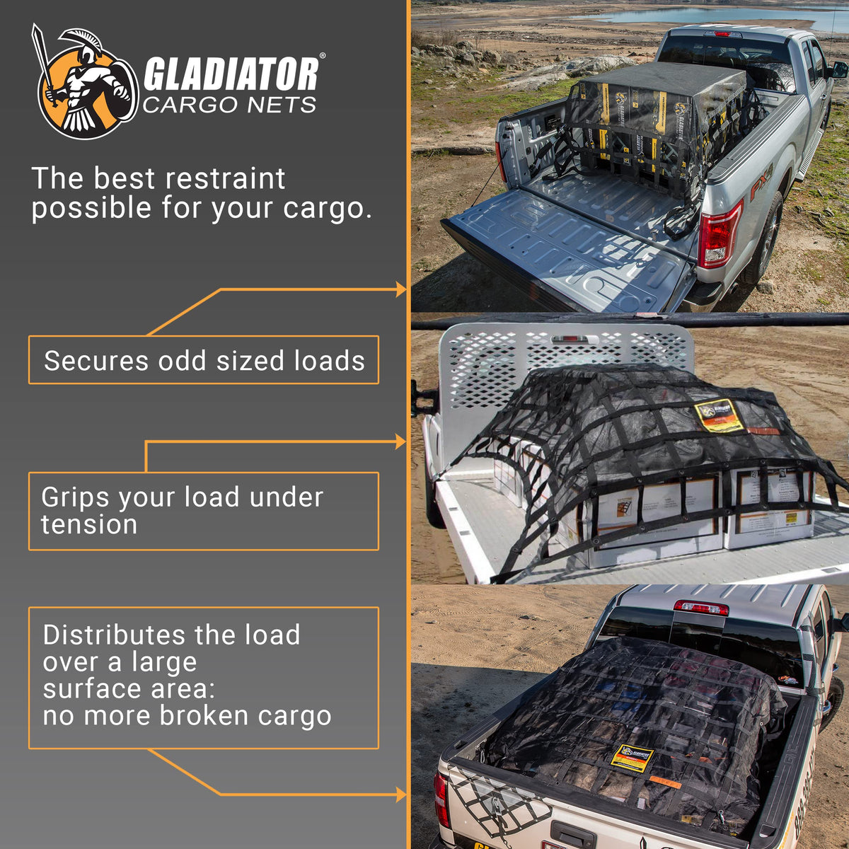 Gladiator Cargo Nets- Heavy Duty Cargo Net -Truck Accesories-Truck organizer -Bed Cover-Interior- Roof Rack-Trunk organizer-Cargo Net Offroad-SUV -Rubicon -Camping-(WLL)1,500 lbs (GRN-100) 4.8' x 5.3'