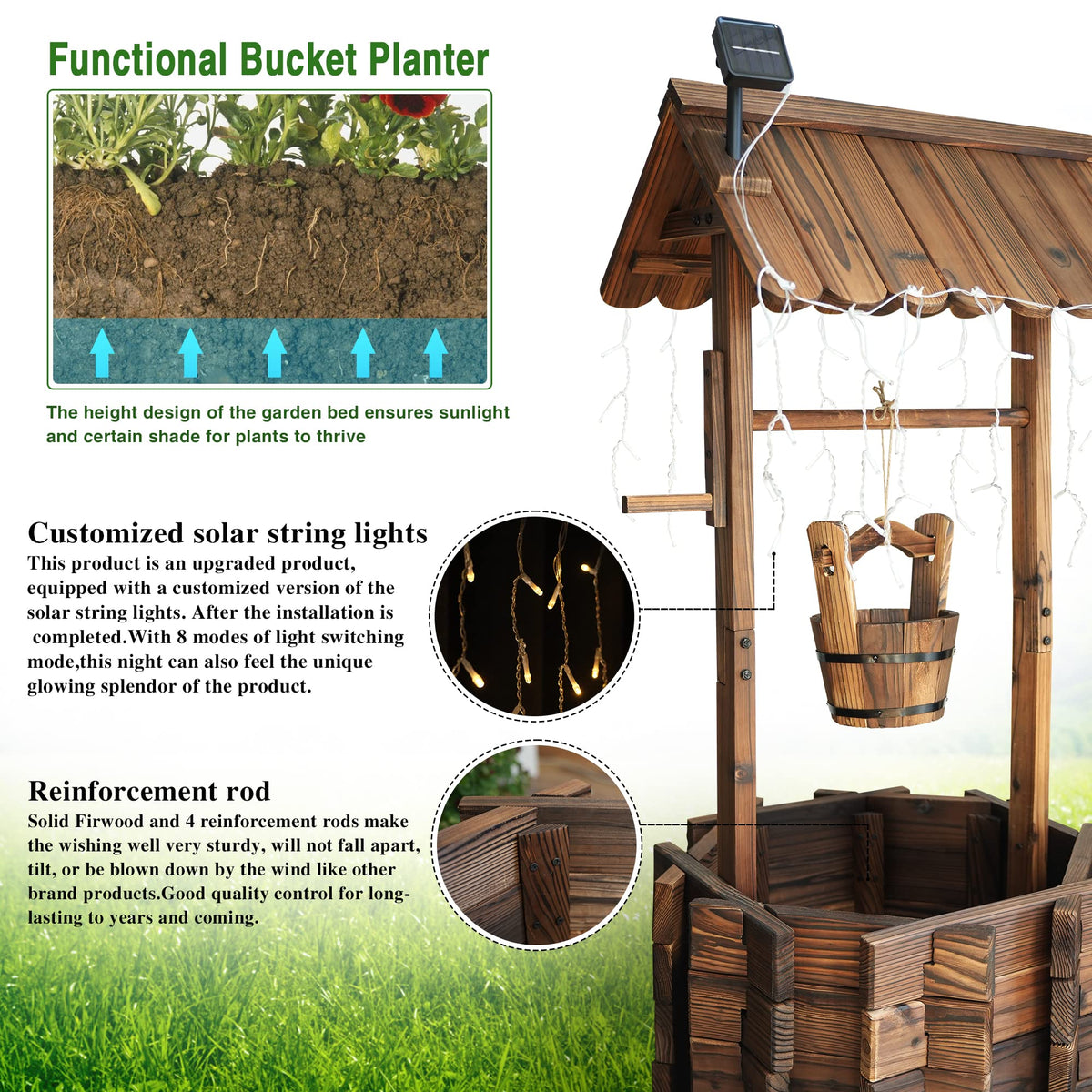 Notume Garden Wooden Decor Rustic Wishing Well with Light Planter Outdoor Home Décor for Patio, Upgrade Wishing Well Garden, Yard Hanging Bucket Patio Lawn Backyard Home Decor