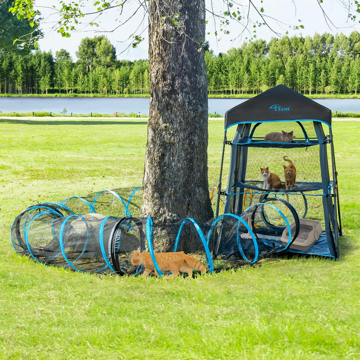 Itent X-Large Catio Outdoor Cat Enclosure,3 Tier Cat Tower Tent Weatherproof & Sunproof with Waterproof Floor & 3 Doors, Foladable and Portable for Patio, Deck,Camping, Indoor & Outdoor(Patented)+3 Tu
