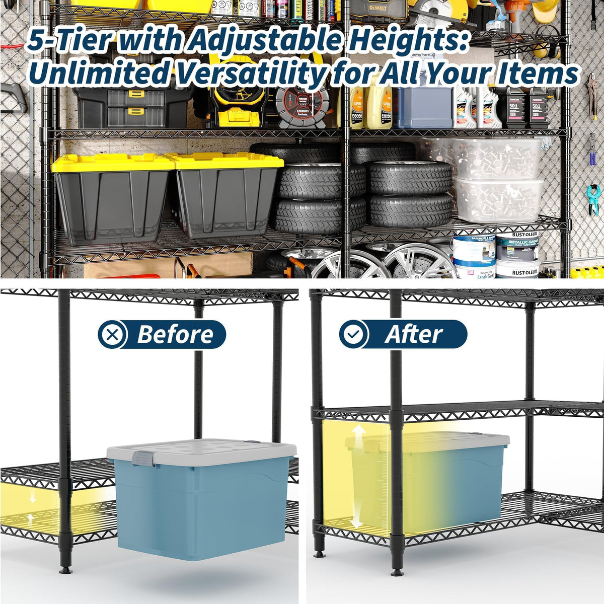 Garvee 71"Wide Storage Shelves Metal Shelving Units 5 Tier, Wire Shelving Rack 1325LBS Heavy Duty Adjustable for Storage, 71"W x 15.8"D x 70.5"H Standing Shelf Unit, for Kitchen Garage Pantry Basement