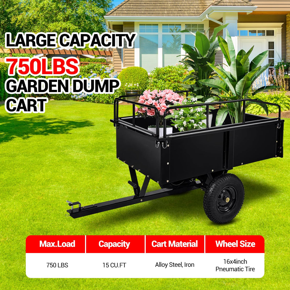 750 LBS Utility Trailer, 15 Cu.Ft Heavy Duty Steel Dump Cart Garden Trailer, with Removable Sides, Hand Pull & Foot Pedal Wagon for ATV, UTV, Lawn Mower, Tractor, Multipurpose Yard Trailer, Black