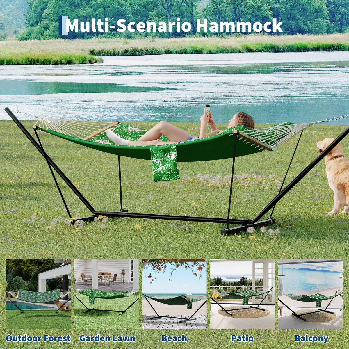 Double Hammock with Stand for Outdoor Use – 2-Person Portable Hammock with Curved Spreader Bar & Balance Ropes, Heavy Duty 450 LBS Capacity for Backyard, Patio & Camping, Green