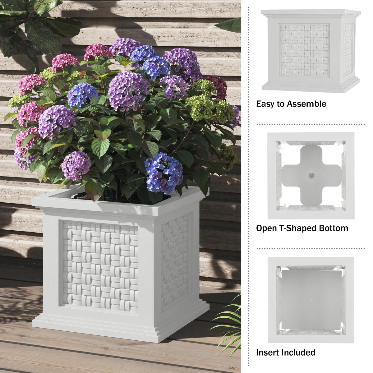 Rattan Style Outdoor Planter Box - 14.65-Inch-Square Decorative Flower or Plant Pot - Garden, Patio and Front Porch Decor by Pure Garden (White)