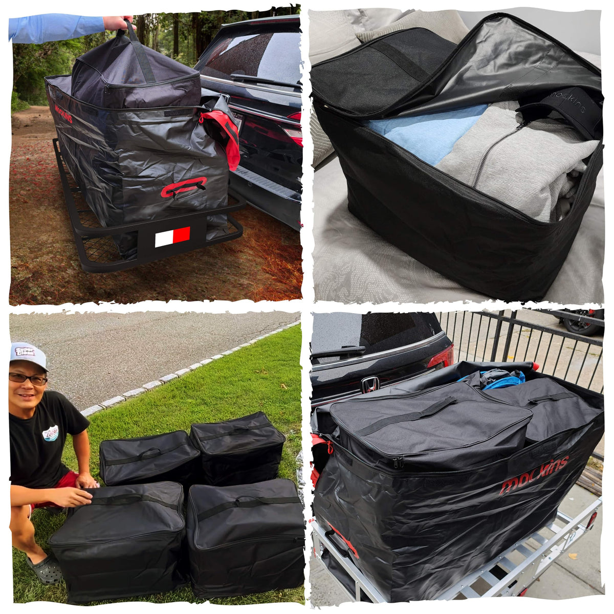 Mockins 48"x18"x6" Folding Trailer Hitch Cargo Carrier & 15 Cu Ft Waterproof Cargo Bag with Packing Cube Set of 4 | Weatherproof 500 Lbs Cap Luggage Rack for SUV Truck Van Car Trailer with Accessories