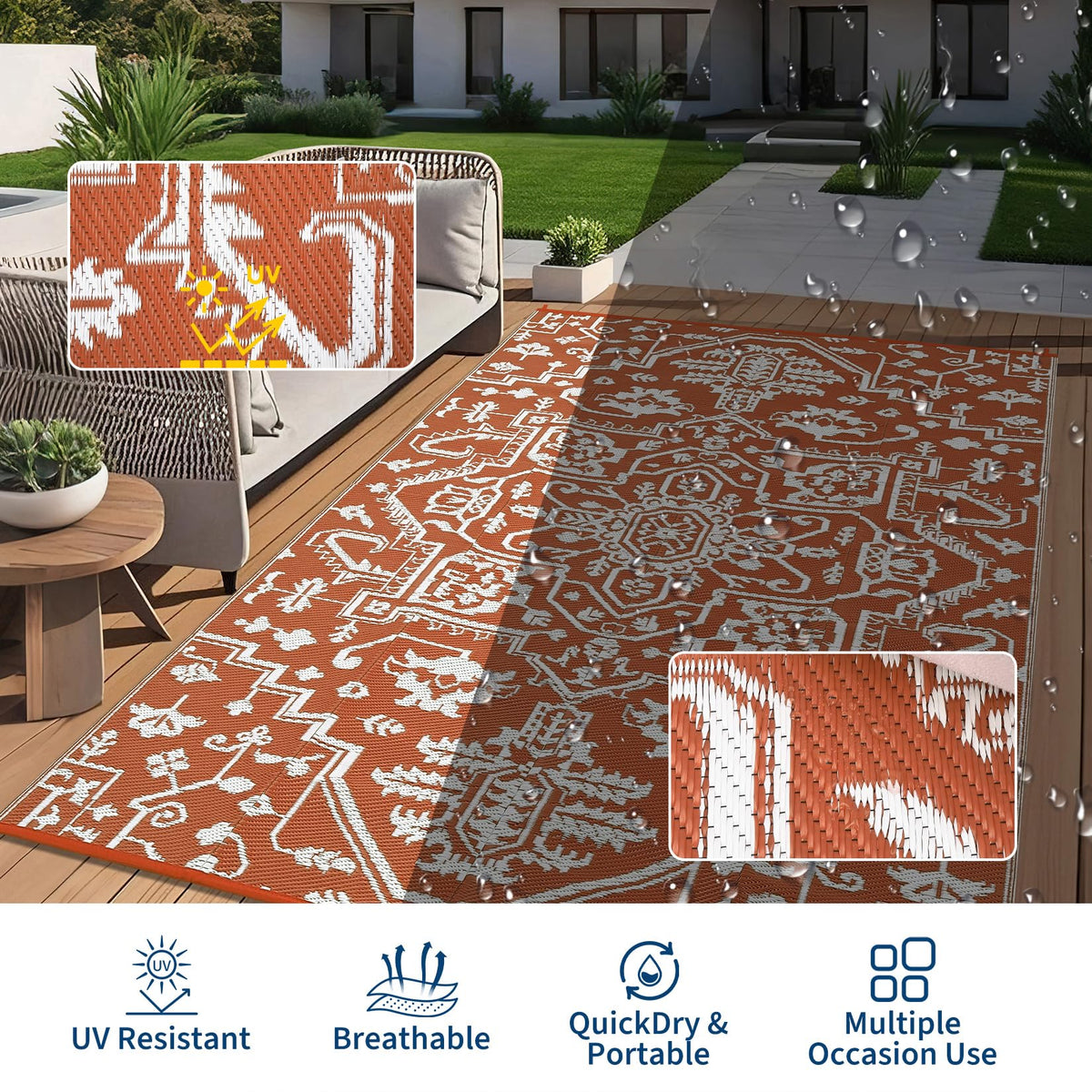 GlowSol Large 9x18 Outdoor Rug for Patios Waterproof Clearance Reversible Patio Mat Plastic Straw Rug RV Camping Mat Outside Carpet for Camping RV,Porch,Deck,Balcony,Camper,Backyard,Beach,Orange