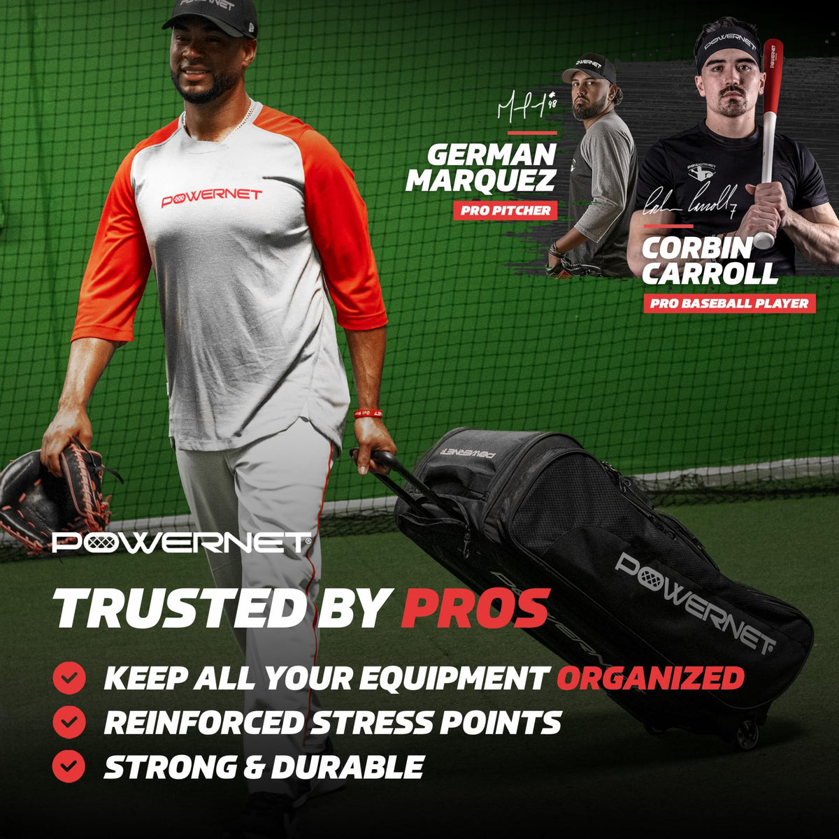 PowerNet Optimus Catcher's Bag, Rolling Equipment Bag Holds All Baseball & Softball Gear, 7 Internal Bat Sleeves, Cleat Compartment, Personalization Panel & Hooks