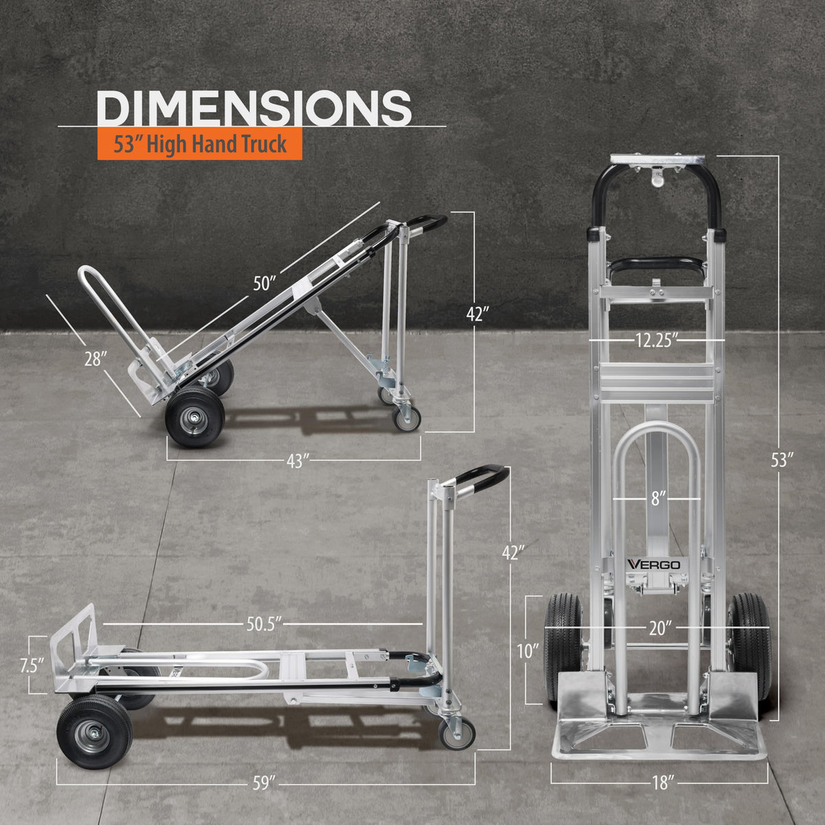 Vergo Industrial Convertible Hand Truck - AS7A2 Heavy Duty Aluminum 3 in 1 Dolly (750 lb Capacity) Lightweight Frame, Ergonomic Handle, Extendable Loop, Versatile Moving Dolly (3 Positions 53" High)