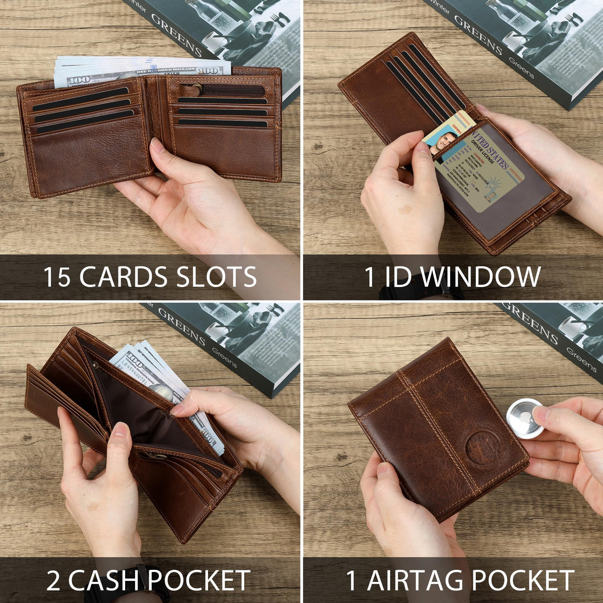 Swallowmall AirTag Wallet Mens RFID Blocking Genuine Bifold Leather Wallets for air tag Men's Wallet with 1 ID Window 15 Card Slots (Airtag Not included)