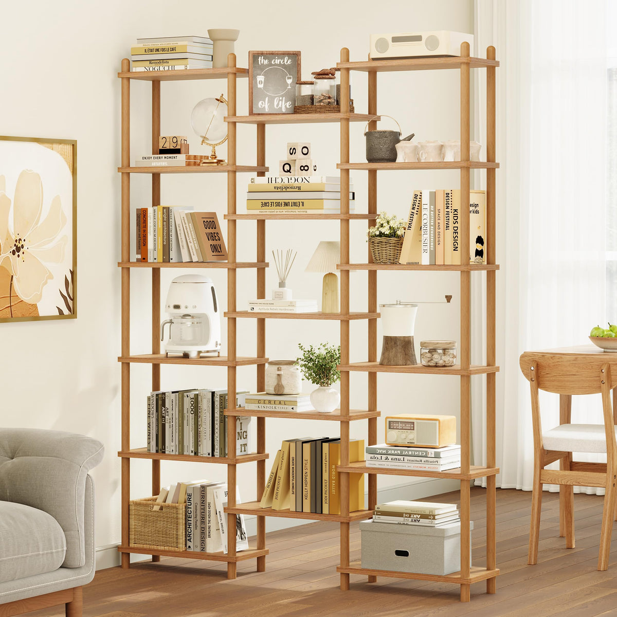 IOTXY Wooden Triple Wide Bookshelf - 6-Tier Large Shelf Bookcase with Solid Beech Frame, Tall Freestanding Open Etagere Display Rack for Home Office, Oak