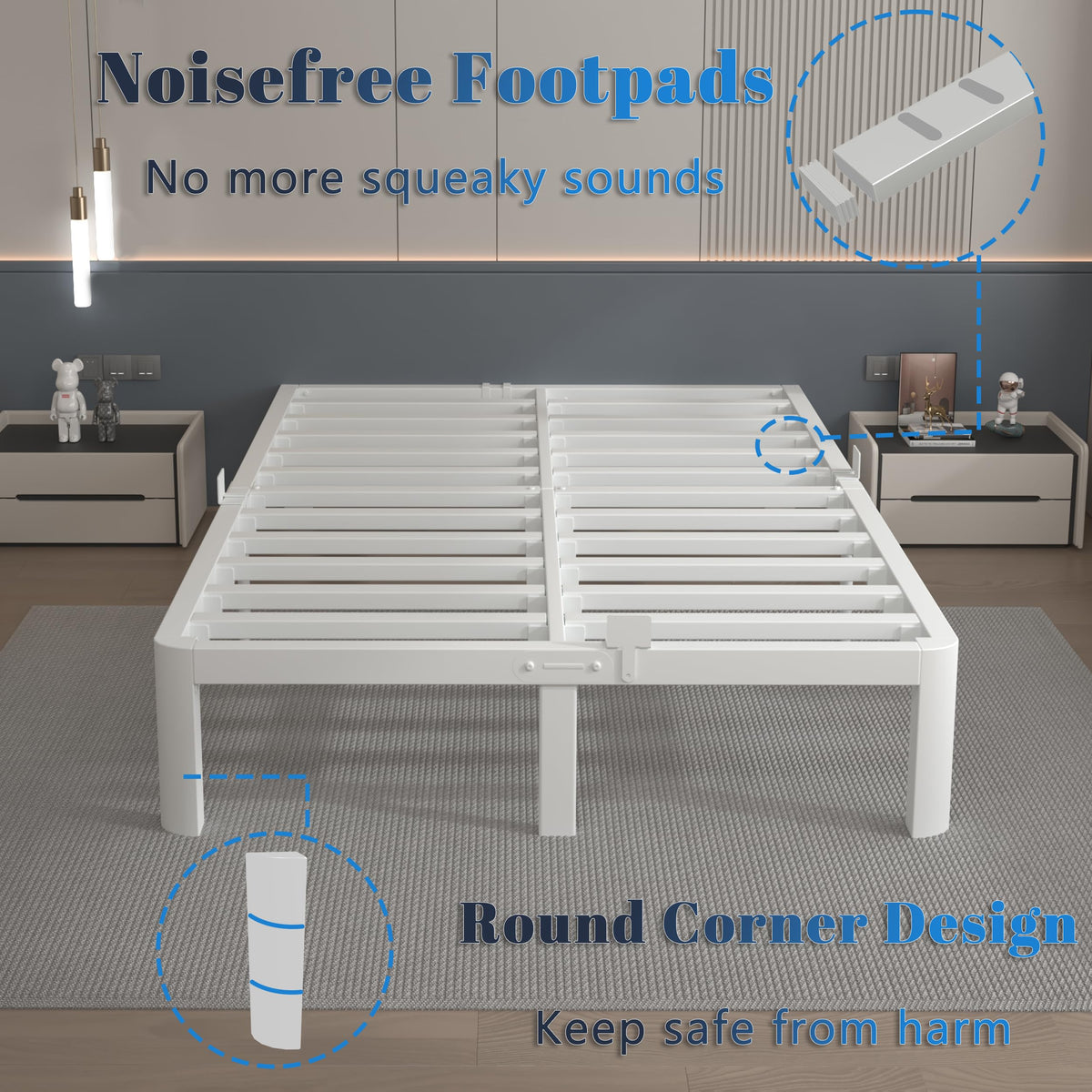 KOSOSO 12 Inch White Full Size Bed Frame with Baffles, Metal Full Bed Frame No Box Spring Need, Heavy Duty Steel Platform Support, Reserved Holes, Round Corner Legs, Storage Space, Noiseless