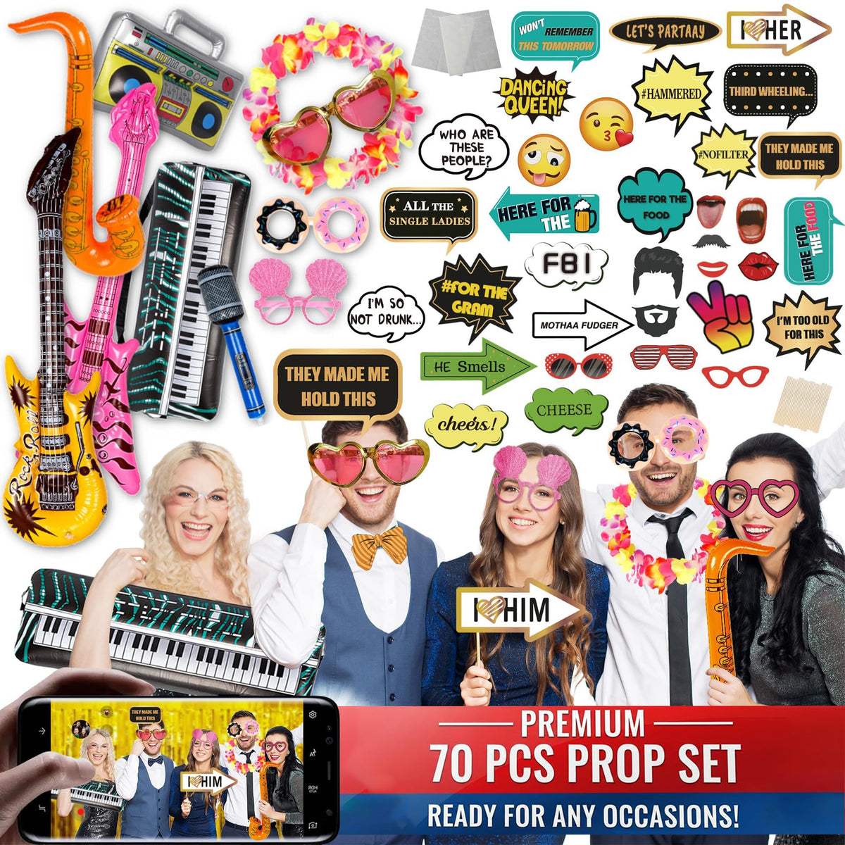 SOUL SHIFT 70 Pc Large Premium Photo Booth Props Set for All Occasions - Wedding Props, Birthday Props, Graduation Prop, Inflatables, Large Glasses, Multi-Colored Wig, Hawaiian Lei, Hand Pump