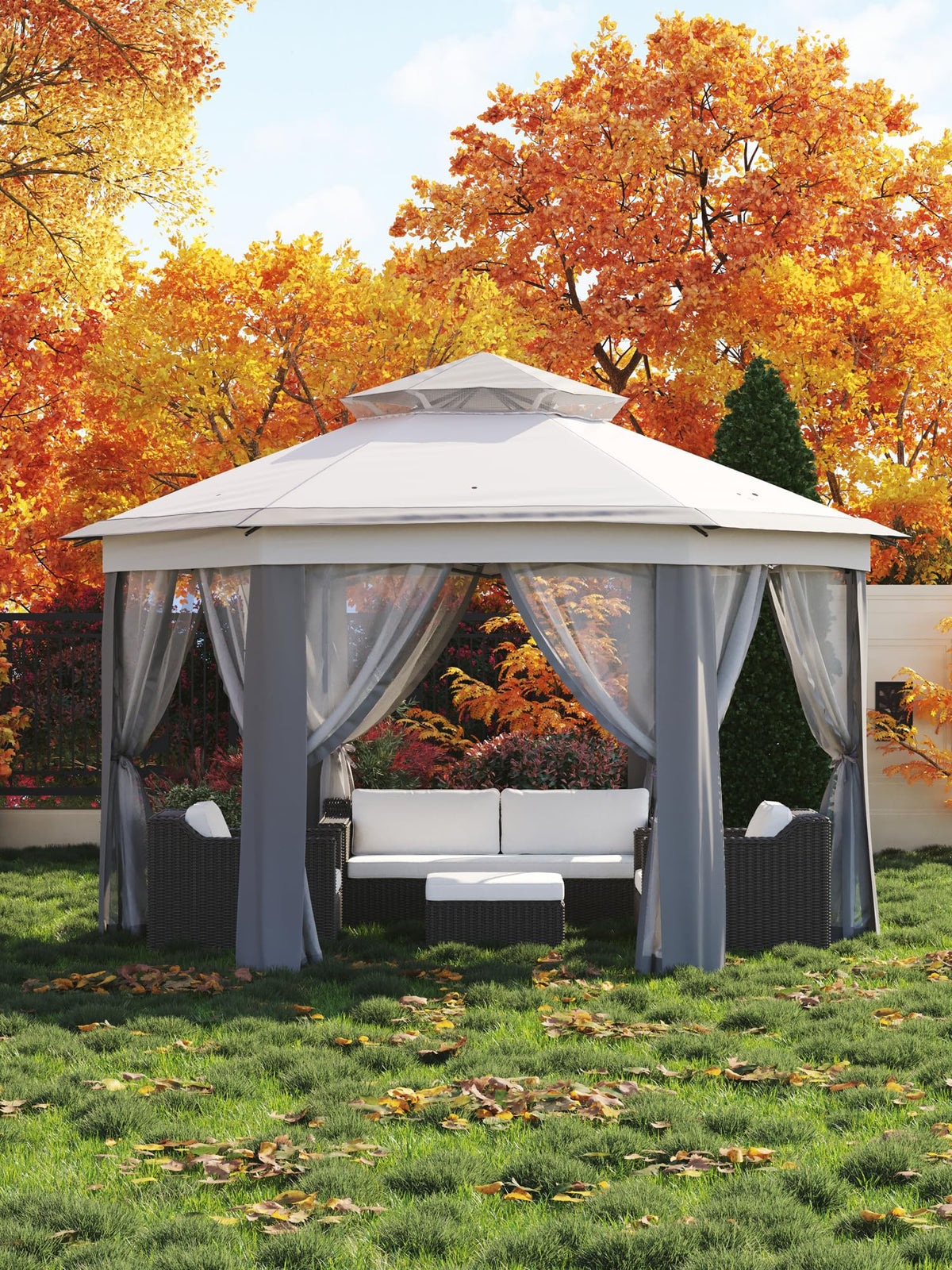 Garvee Pop Up Gazebo Screen Tent, Hexagonal Instant Gazebo Tents with Mosquito Netting Outdoor Canopy, 6 Sided Sun Shelter 13x13 ft with Mesh Netting, Pavilion Tent for Patio, Light Gray+Dark Gray