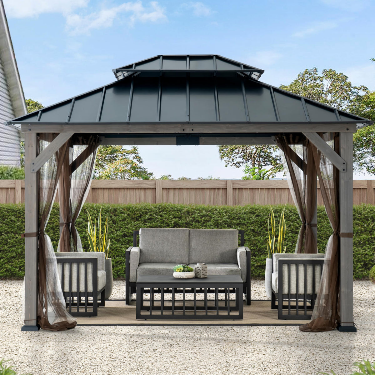 SUNJOY 10x12 Hardtop Wood Gazebo with Galvanized Steel Roof, LED String Lights & Mosquito Netting, Outdoor Permanent Pavilion Cedar Gazebo for Backyard, Garden, Patio, Deck, Lawn - Matte Black Roof