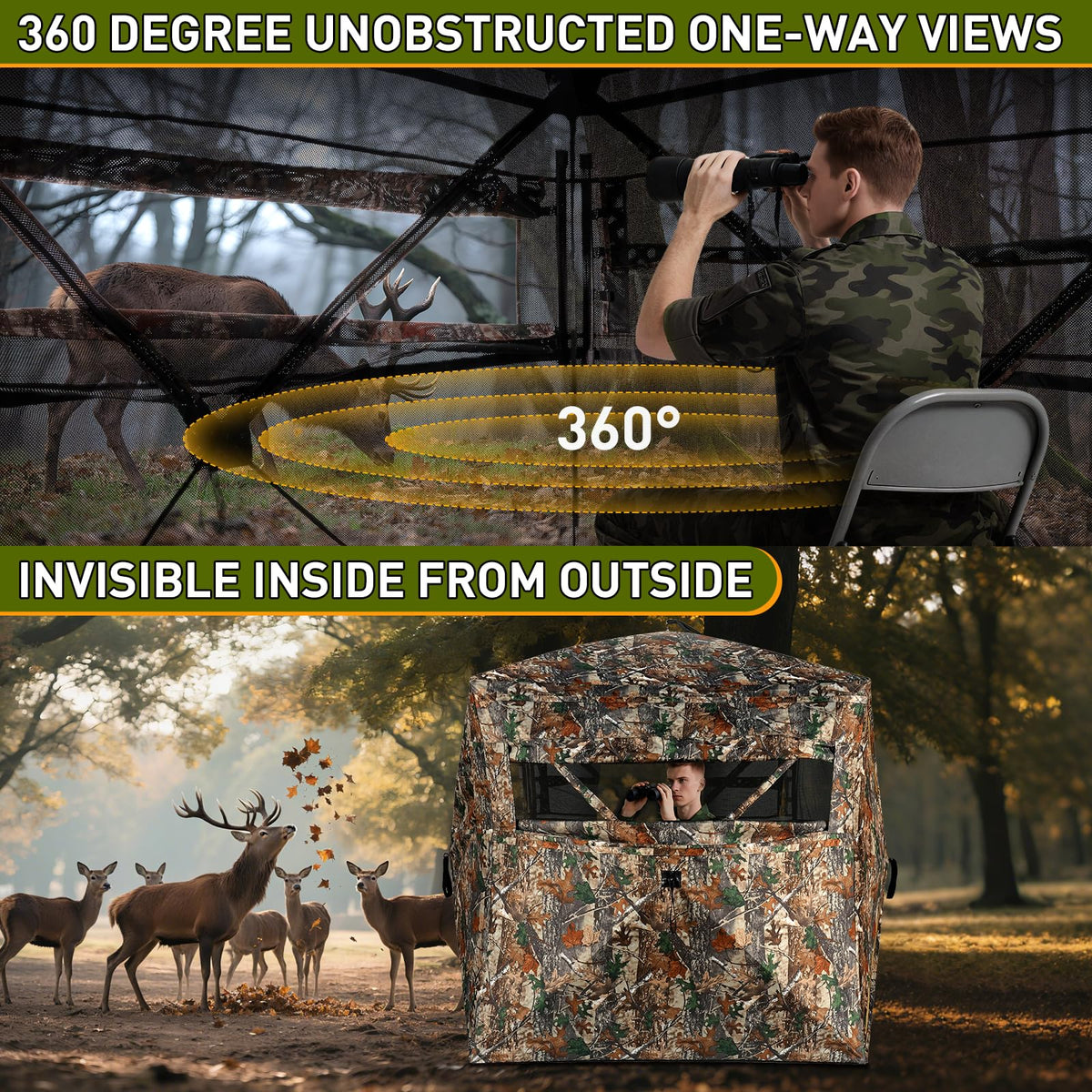 TLC Sport Hunting Blind with Carrying Bag, 360 Degree See Through Ground Blind for 2-3 Person, Camouflage Pop Up Hunting Tent Portable Concealed