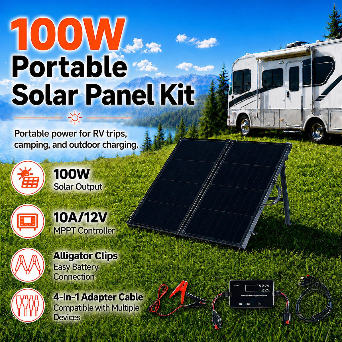 TOPRAY Solar 100W Portable Foldable Solar Panel Suitcase with 10A/12V MPPT Controller & 4-in-1 Adapter Cable, 25% High-Efficiency Solar Panel Charger for Portable Power Stations & 12V Batteries