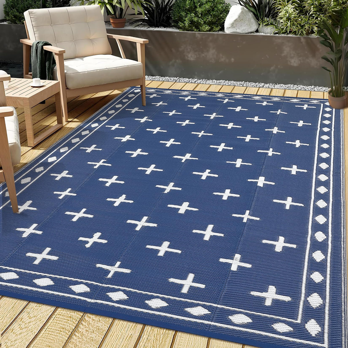 Garvee Large 9x18 Outdoor Area Rug, Waterproof Plastic Straw Mat with Framed Geometric Design for RV Awning, Patio, Deck, Garden, Camping, Beach and Backyard,Dark Blue