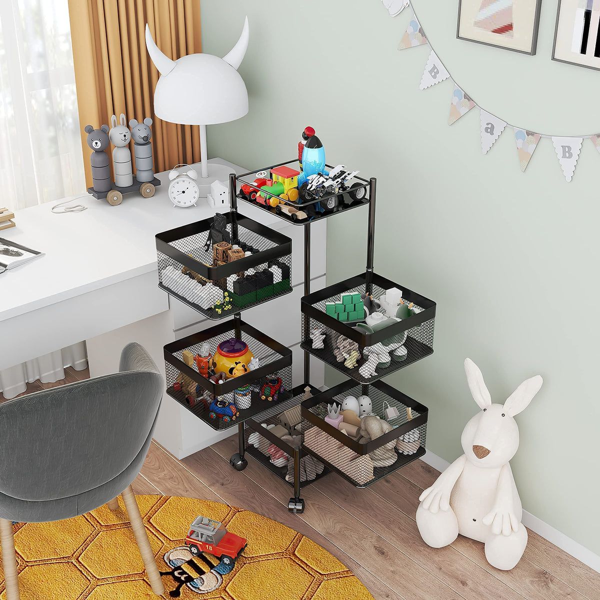 xinyourui Fruit and Vegetable Basket for Kitchen No Assembly， Rotating Storage Rack,Bathroom Storage Shelf, Kitchen Organizers and Storage Cart on Rolling Wheels(Black, 5 Tier-Square)