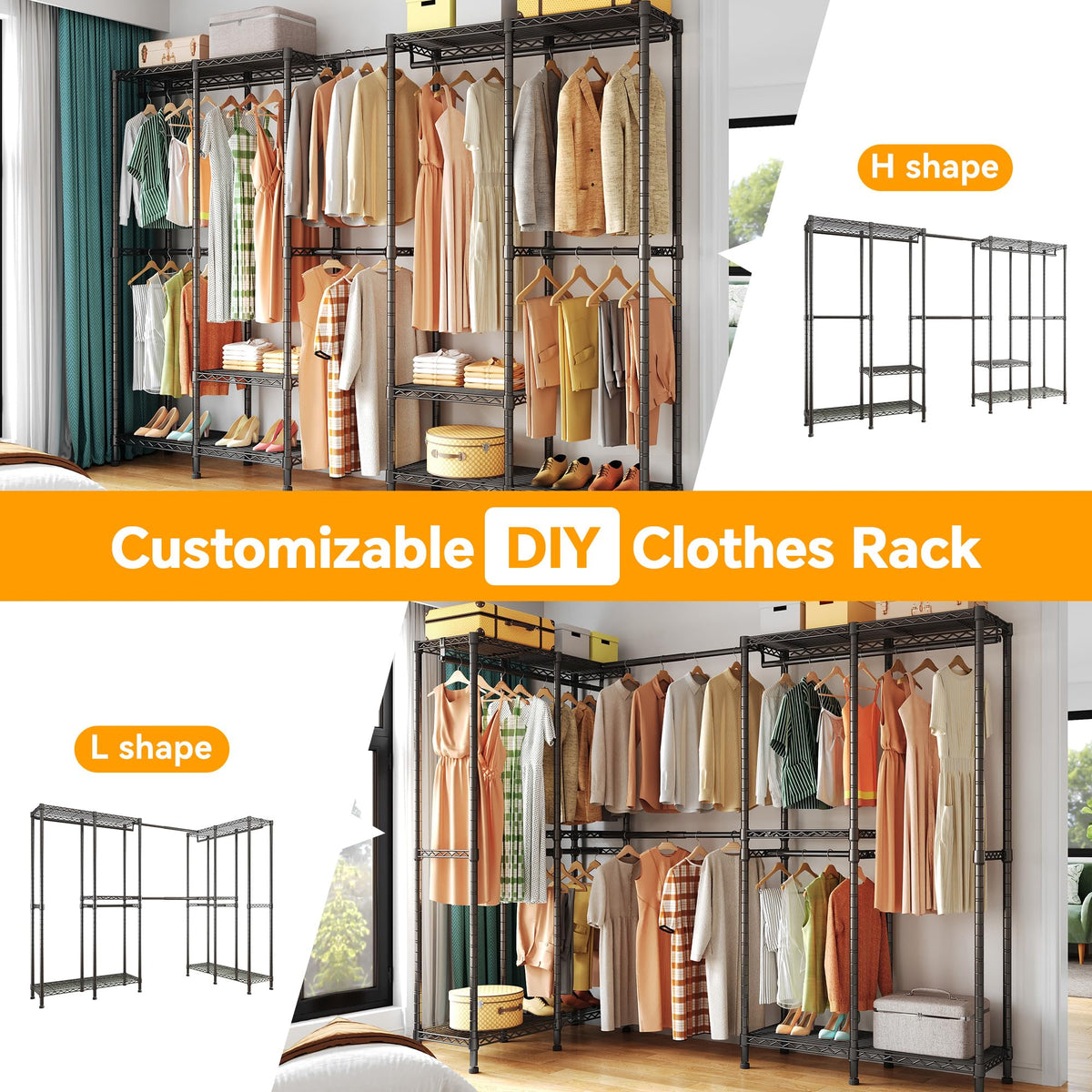 Higeego H5 Pro Heavy Duty Garment Rack, Freestanding Clothes Rack, Wardrobe Closet for Hanging Clothes, Portable Closet Organizer with Expandable Hanger Rods, (97.7-115.4")L x 15.7"W x 75.4"H, Black
