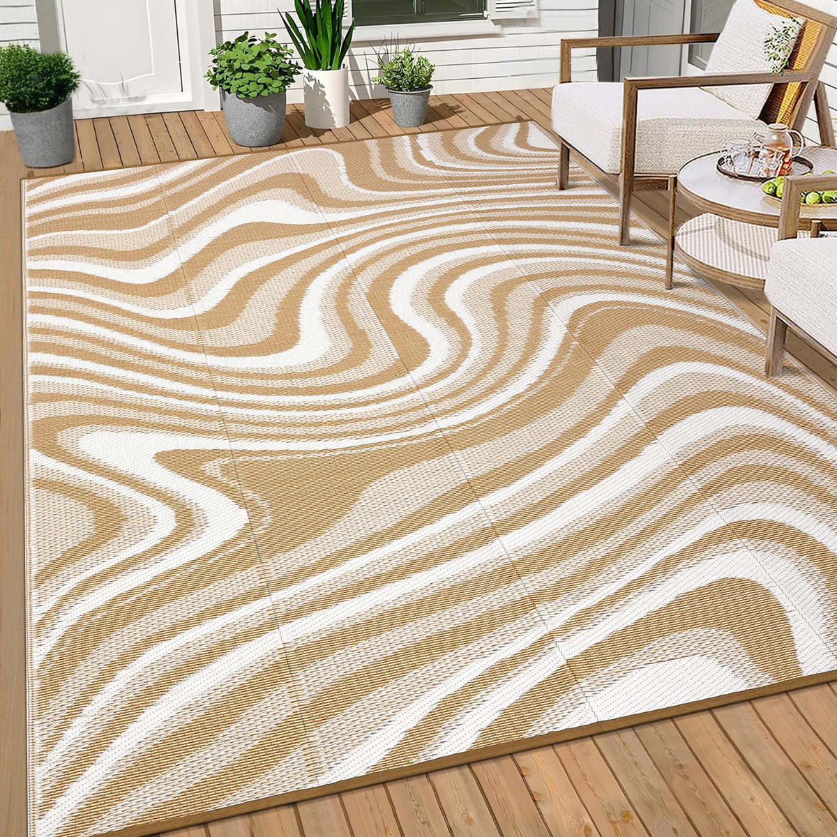 MilleLoom 10x20 Large Outdoor Patio Rug Modern Abstarct Plastic Straw Outdoor Rugs Waterproof Foldable UV Resistant Camping Reversible Mats for Deck, Camper, Balcony, Beach, Rv，Brown/Coffee/White