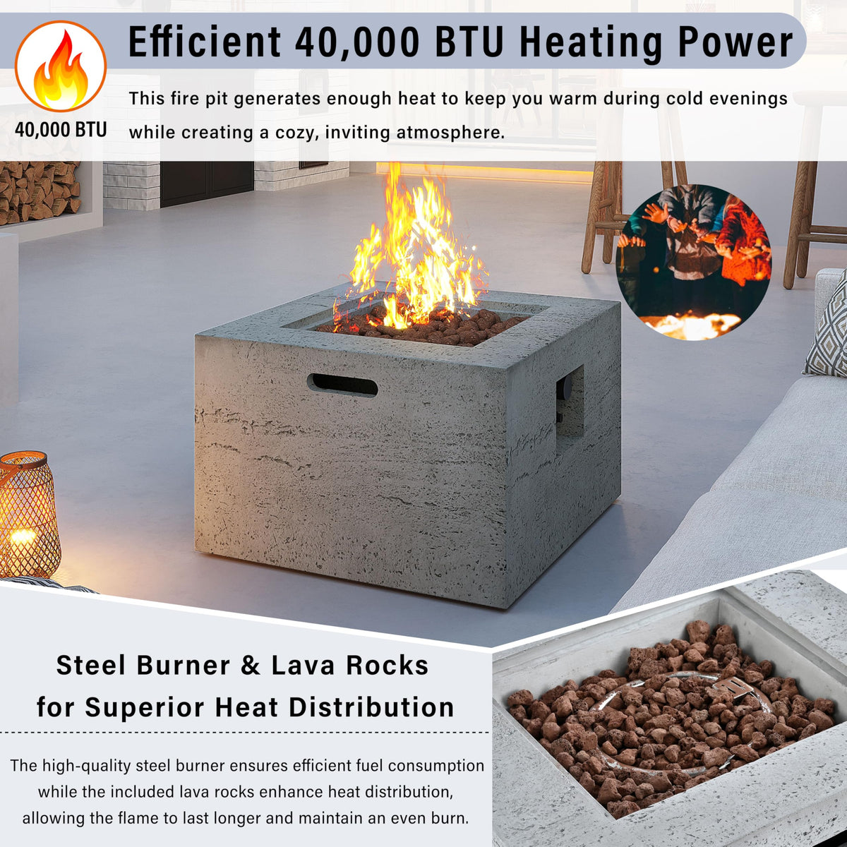 Merax MGO Outdoor Square Fire Pit with Steel Burner,Lightweight 24.02-inch Propane Fire Pit Table with Adjustable Flame, 40,000 BTU, Lava Rocks, and Rain Cover for Patio,Backyard, Poolside, Gray