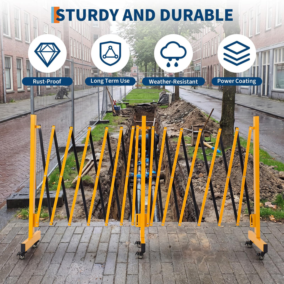 16FT Metal Expandable Mobile Barricade,Industrial Folding Security Gate Driveway Gate, Retractable Retractable Gate Outdoor,Folding Safety Barricade with Casters