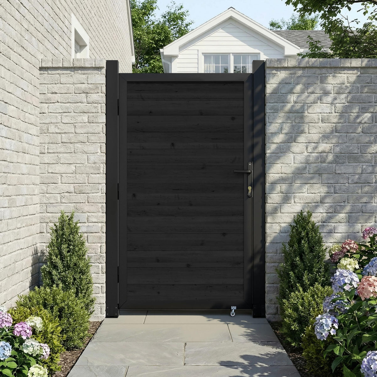 BlueWish 6 x 3 FT Cedar Wood Fence Gate Kit, Board-on-Board Privacy Fence Gate, Aluminum Frame with Security Lock System, Outdoor Garden Yard Complete Gate Kit for Backyard, Pool, Black