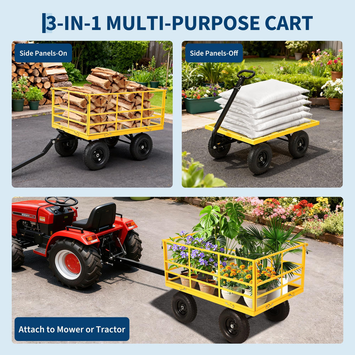 IDEALHOUSE 1500 lbs Steel Garden Cart, All Terrain Tires & 3-in-1 Utility Wagon with Removable Sides, 13cu ft Steel Yard Wagon Trailer for Lawn, Backyard, Firewood Gardening Soil, Tools