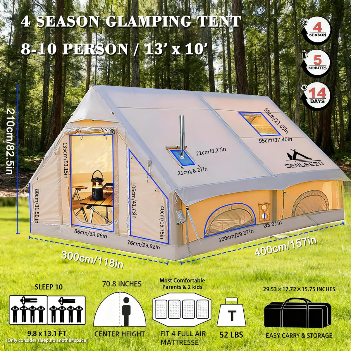 13' x 10' Inflatable Camping Tent for 8-10 Person,2/4/6/8 Person Large Inflatable Tent for Camping, 4 Season Blow up Tents Waterproof, Inflatable Hot Tent with Stove Jack