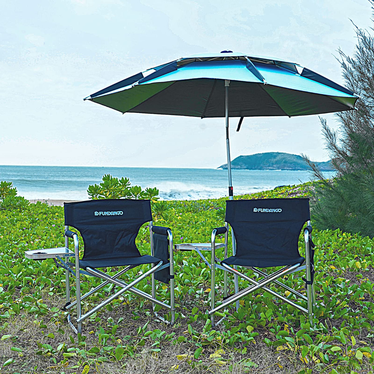 FUNDANGO Aluminium Camping Director Chair with Armrest, Portable Lightweight Folding Outdoor Camping Chair with Side Table & Umbrella Holder, Full Back Lawn Chair for Camping Fishing Picnic Stadium