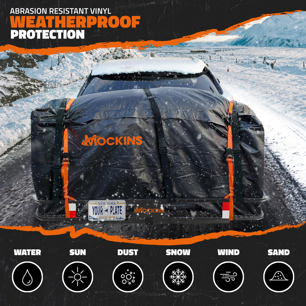 Mockins 60"x24"x6" Heavy Duty Trailer Hitch Cargo Carrier & 25 CuFt Waterproof Cargo Bag for Hitch Carrier | 500 Lbs. Capacity Folding Luggage Rack for SUV Car Truck with Plate Bracket & Accessories