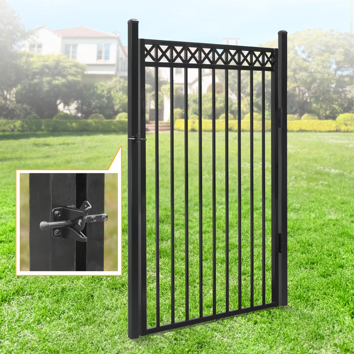 Fencer Wire 76FT Heavy Duty Flat Top Fence Barrier Kit, Anti-Rust Metal Steel Fence with 6FT Height X 6FT Width Panels, with Decorative Gate, Posts, Connectors, Outdoor Fencing for Yard
