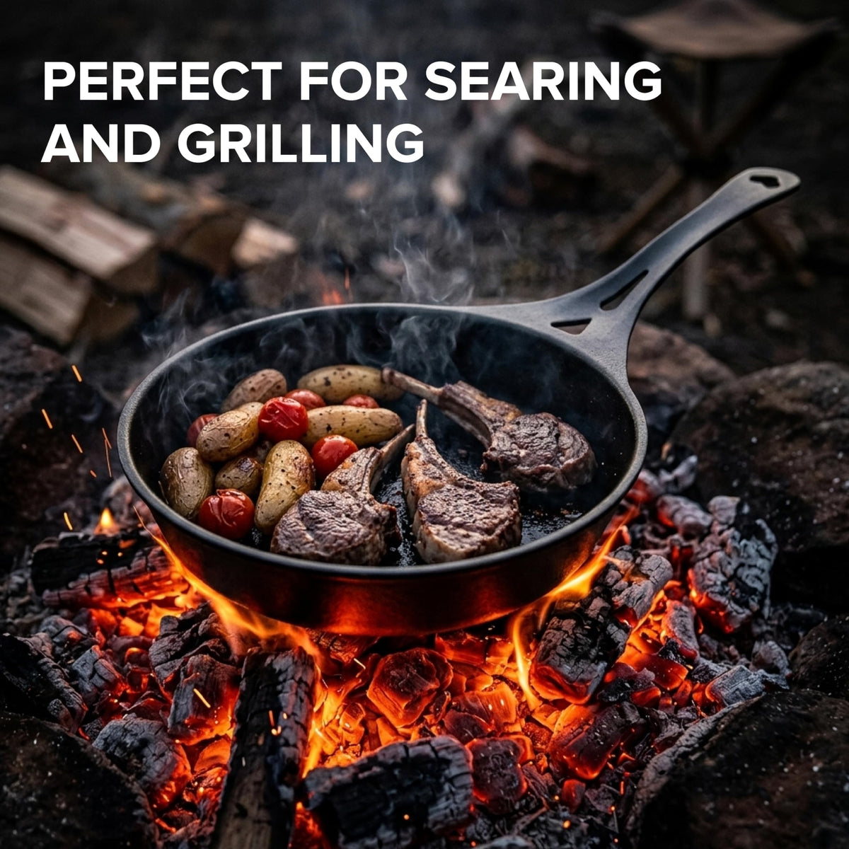 SOLIDTEKNICS 8" Outdoor Skillet Set – Naturally Seasoned Australian Iron Skillet with Lil Flippa Stainless Flipper & Mini Pan Scraper Lightweight Camping Cookware for Grill & Campfire Cooking