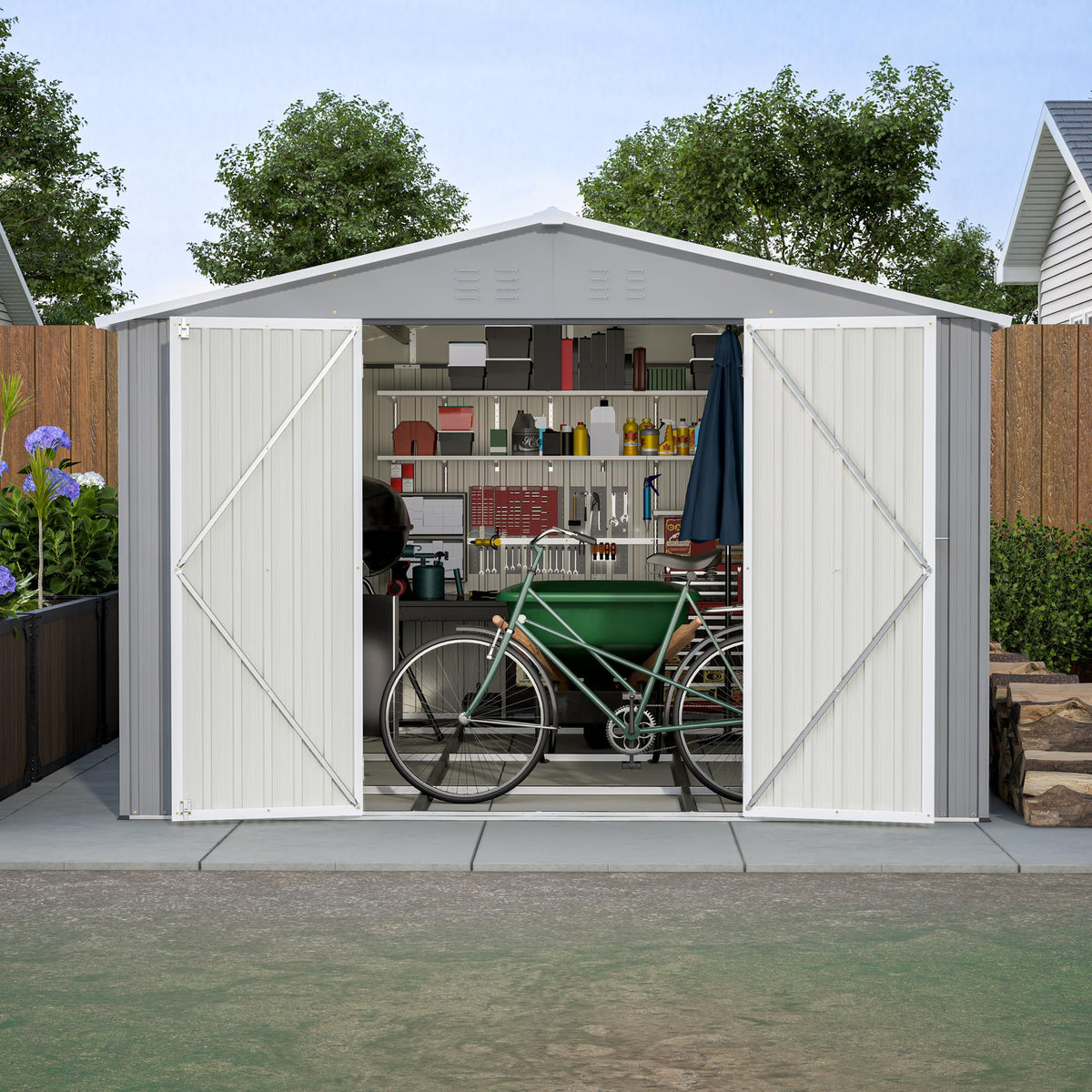KEIKI 10x12 FT Metal Storage Shed with Reinforced Floor Frame, Outdoor Garden Tool Shed with Lockable Double Doors, Ventilated Galvanized Steel Utility Storage House for Backyard Patio Lawn Equipment
