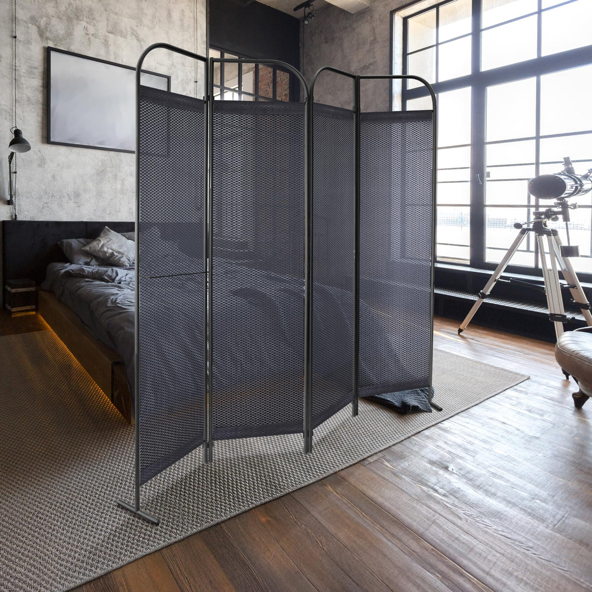 DECOLAB 4 Panel Room Divider Partition, Portable Folding Privacy Wall Panel, Home, Office, Studio, Bedroom, Light & Air Flow, 68" x 71", Knight