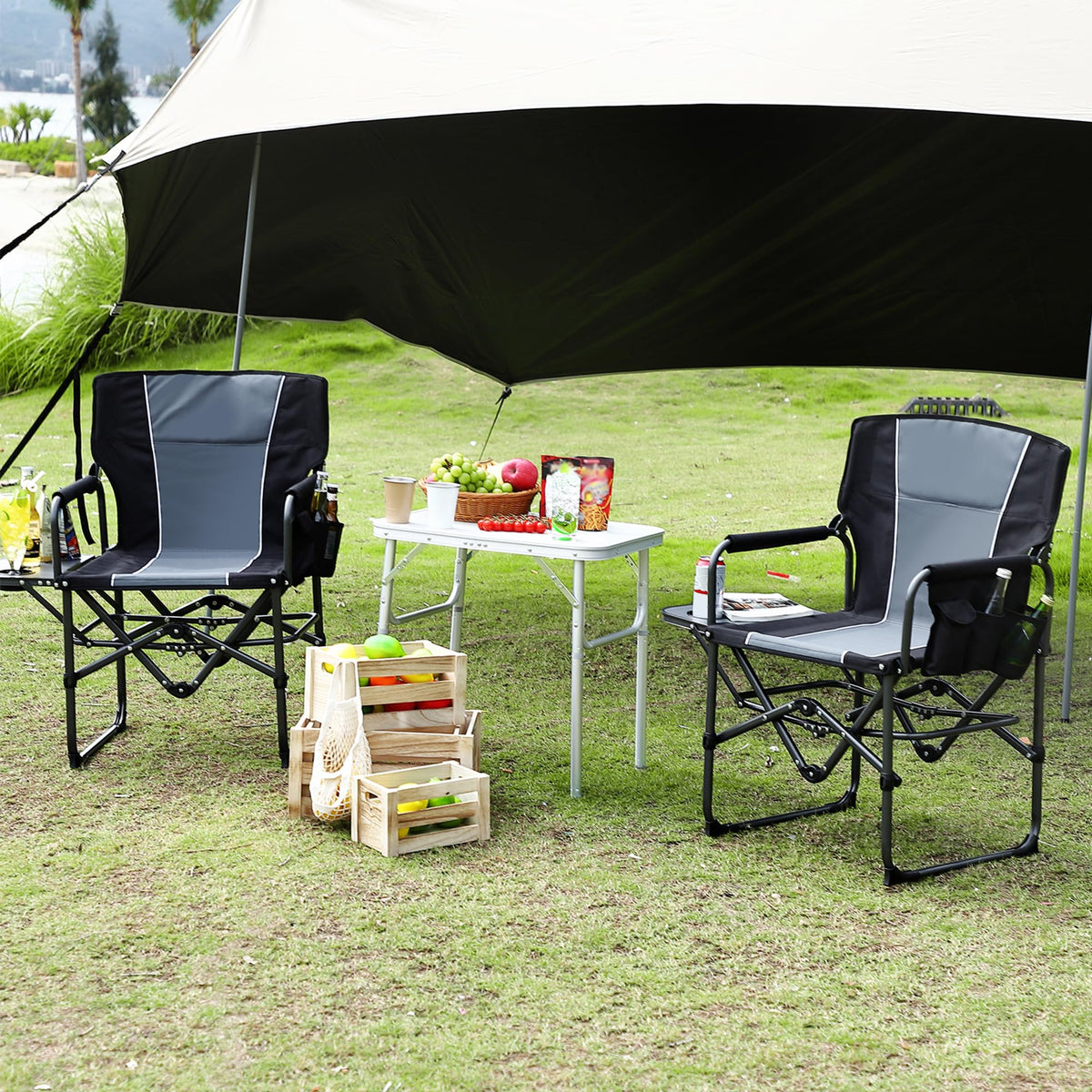 GarveeLife Oversized Directors Camping Chair Set of 2, Portable Folding Chair for Adults Support 400 LBS, Heavy Duty Lawn Chair with Side Table, for Camping, Sports, Picnic, Beach, Fishing, Black