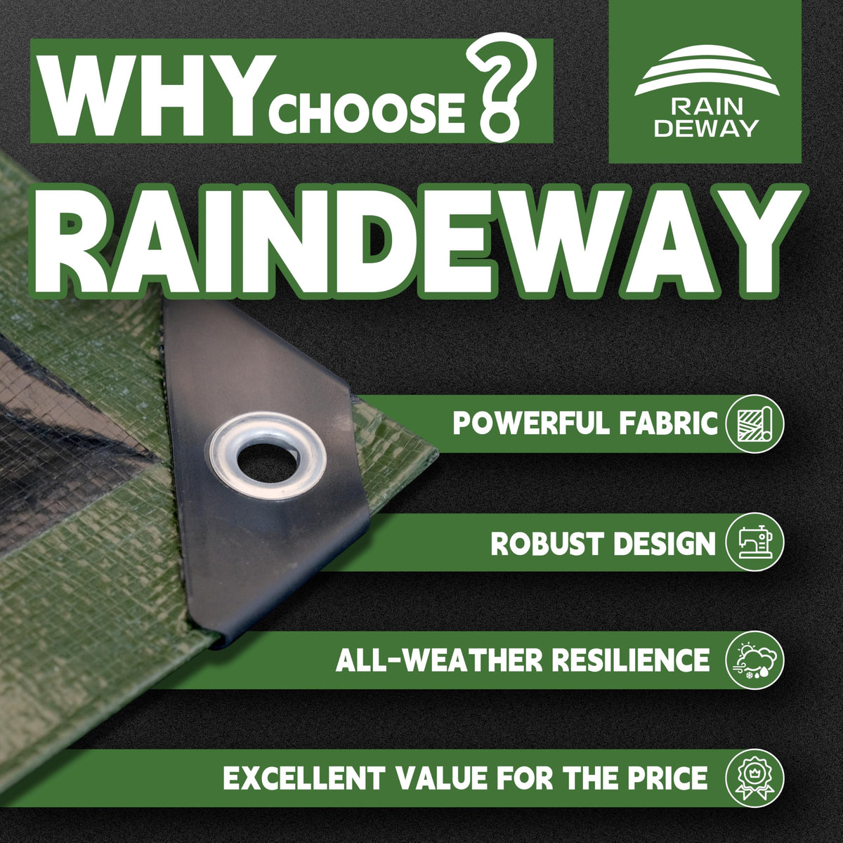 RAINDEWAY Tarps 30x40 Feet,Large Tarp Waterproof,9Mil Thick Finished Size, Multipurpose Poly Tarp Cover with Metal Grommets and Reinforced Edges,Green/Black Tarpaulin