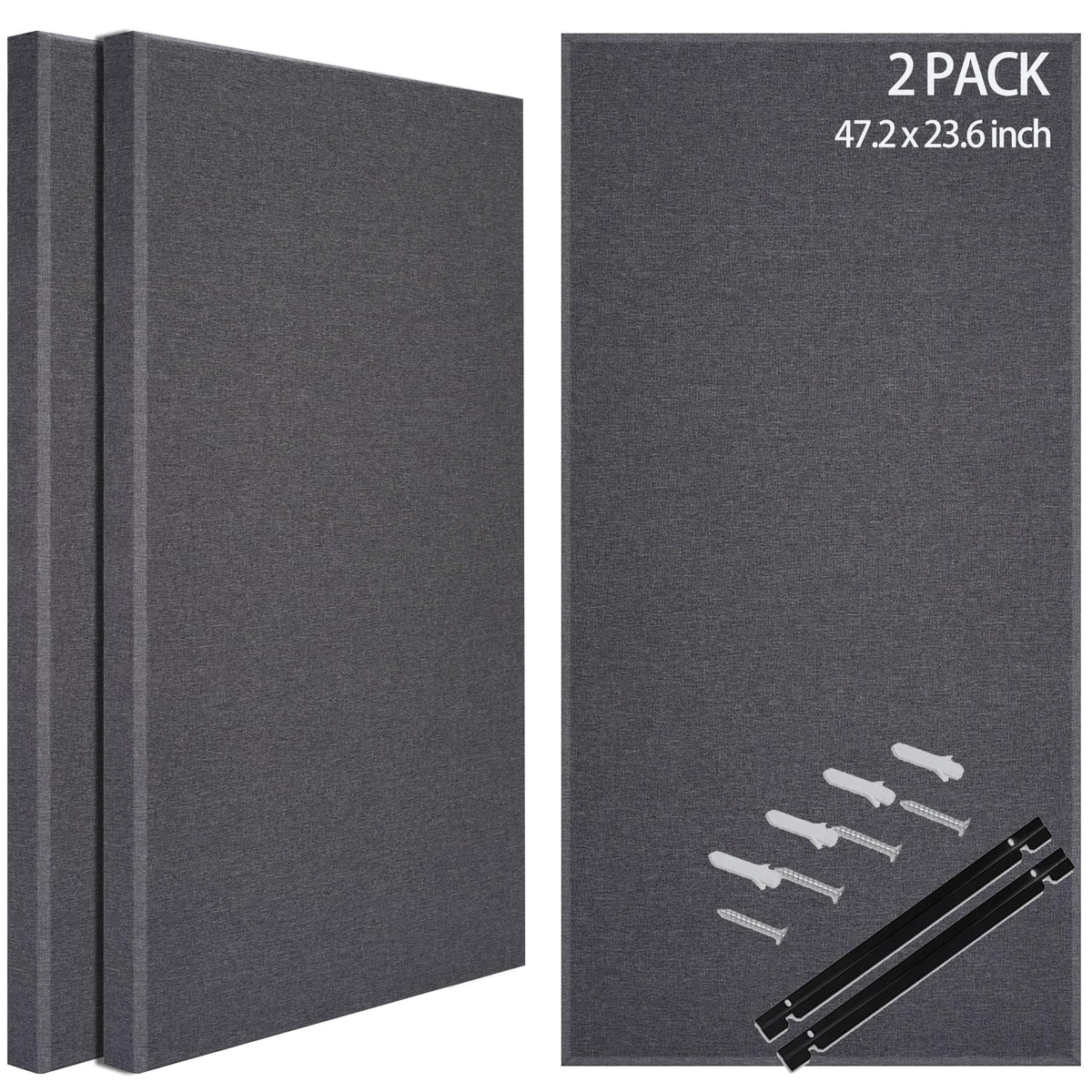 BUBOS 2-Pack Fabric Acoustic Panels with Hanging Hardware, 47.2" x 23.6" x 2" Large Soundproofing Wall Panels, High-Density Sound Absorbing Decor for Home Theater, Studio & Office,Grey