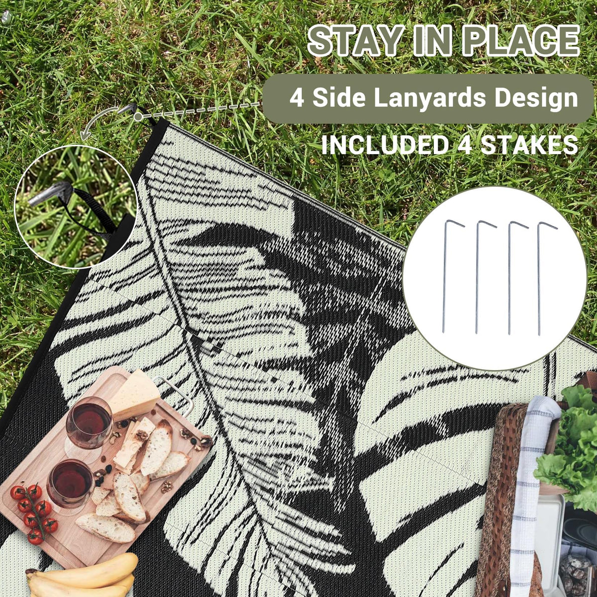 MilleLoom Waterproof Plastic Straw Outdoor Rug 9x18 Patio Reversible UV Resistant Foldable Camping Carpet Modern Leaf Print Large Outdoor Rugs for Deck, Porch, Camper, Balcony, Beach，Black/Beige