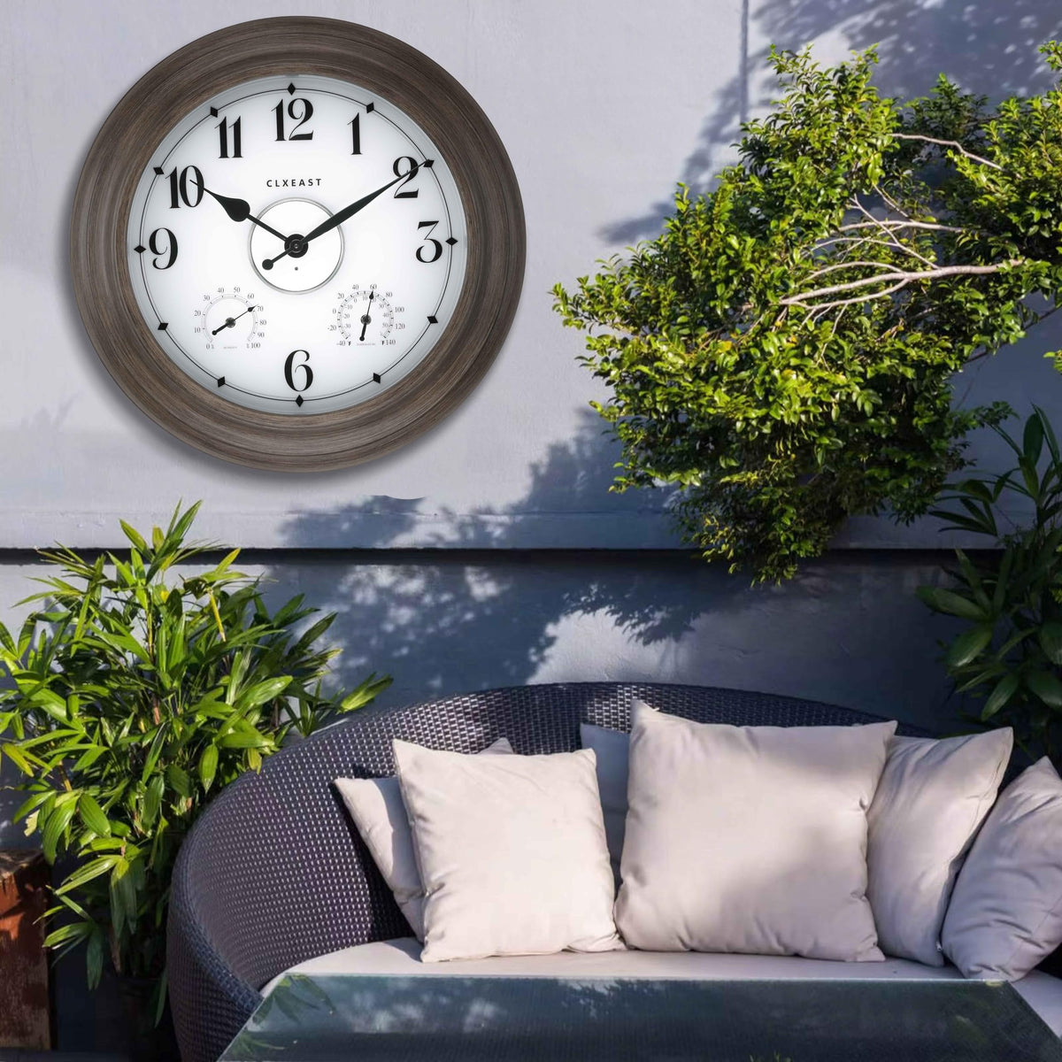 CLXEAST 24 Inch LED Illuminated Outdoor Clocks Waterproof with Thermometer & Hygrometer, Large Lighted Metal Wall Clock with Smart Night Light Sensor,Grey Oak Finish,House Warming Gifts New Home