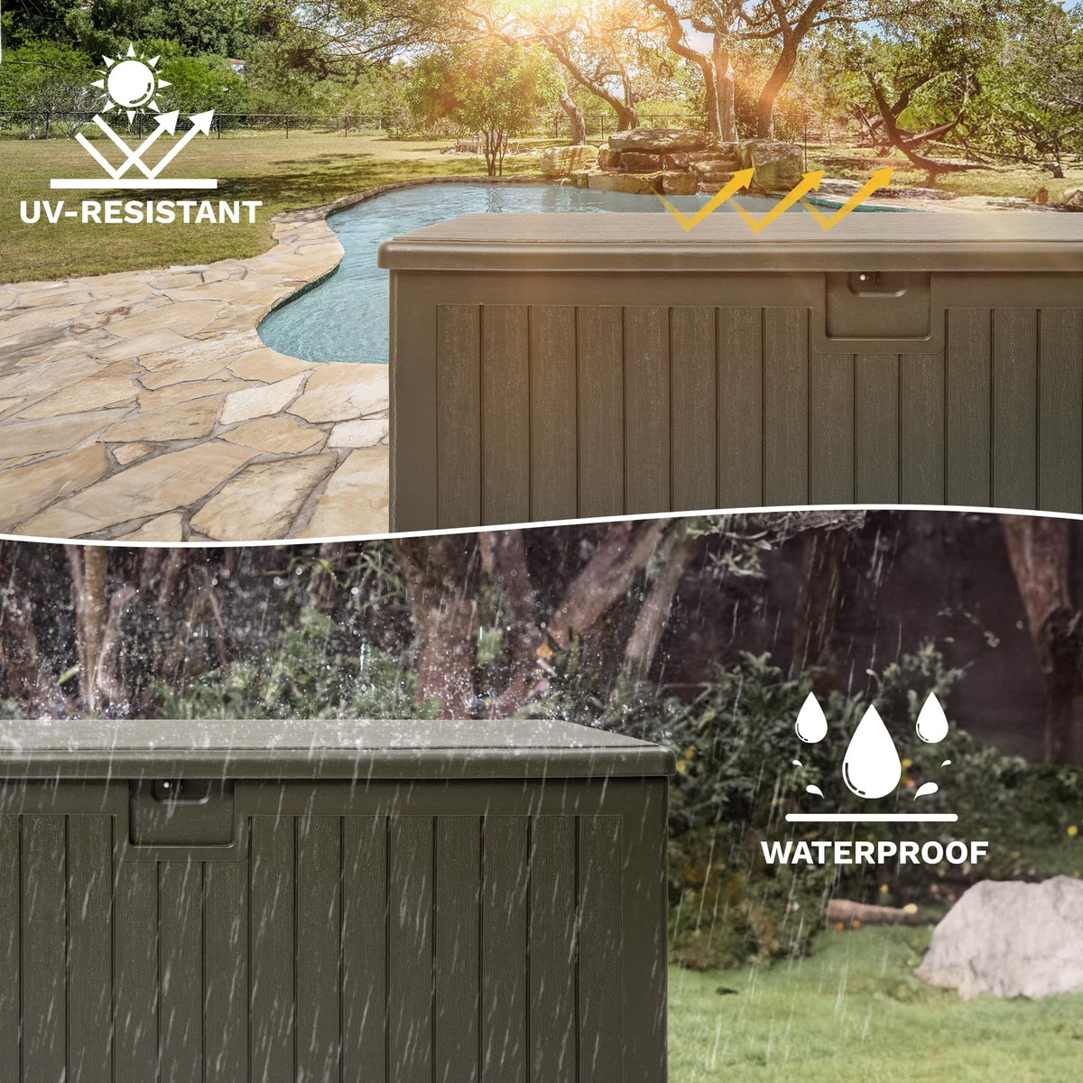 DWVO 230 Gallon Resin Outdoor Storage Box, XXL Double-Wall Waterproof Deck Box with Divider, Doubles as Table or Seating with 1000 lbs Capacity, Lockable (Light Brown)
