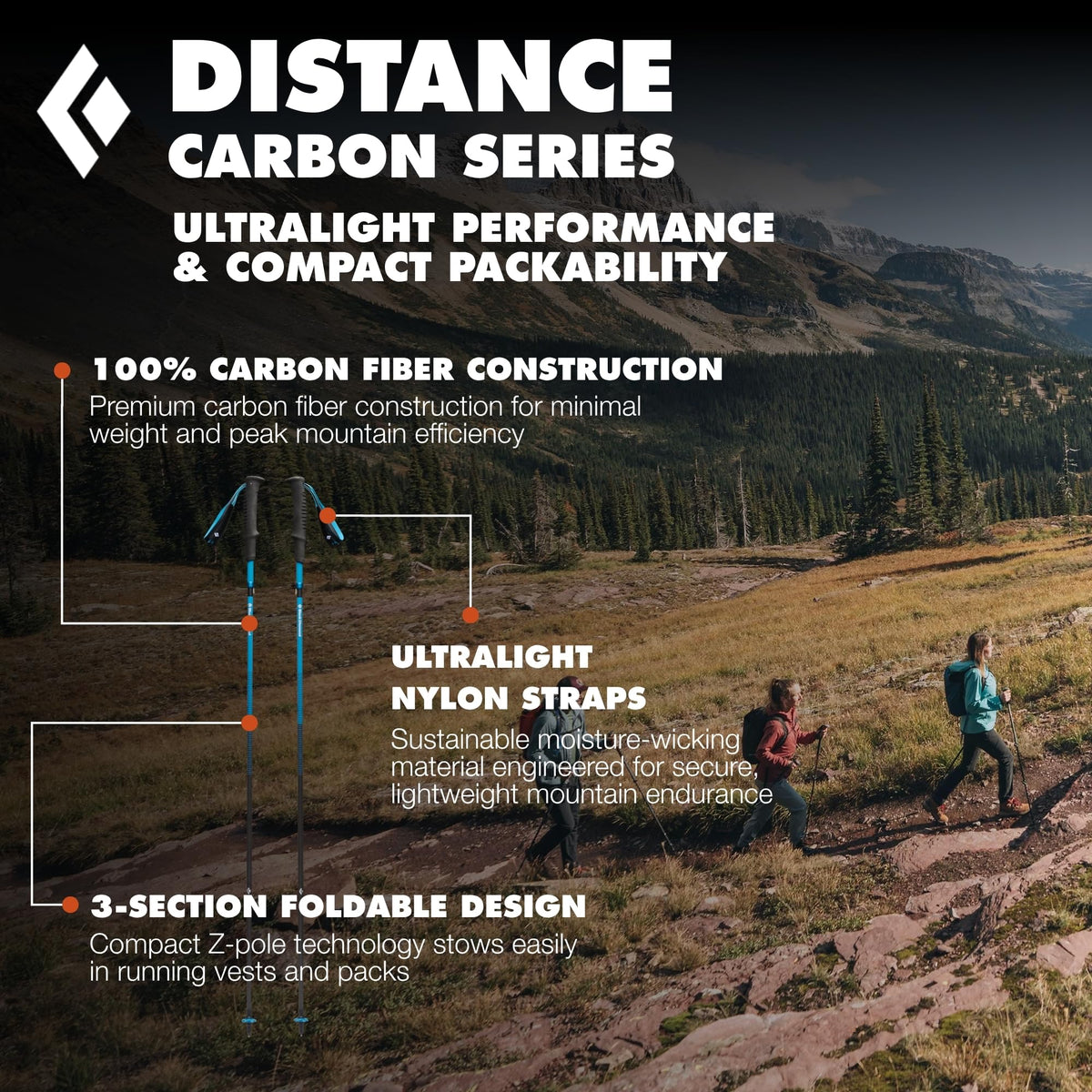 BLACK DIAMOND Distance Carbon Z Trekking Poles (Pair) | Ultralight Carbon Fiber | Z-Pole Folding Design | for Running & Hiking | Desert Sky | 110 cm