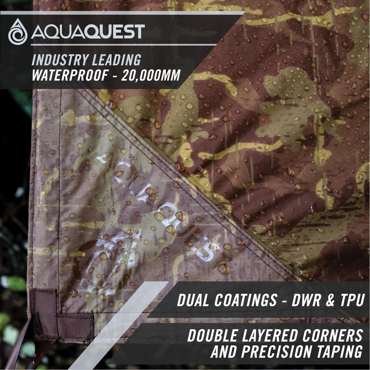 AquaQuest Defender Tarp – Heavy‑Duty Waterproof (20,000 mm) Seam‑Taped Rain Fly for Camping, Bushcraft & Survival – 13×10 True Terrain Camo