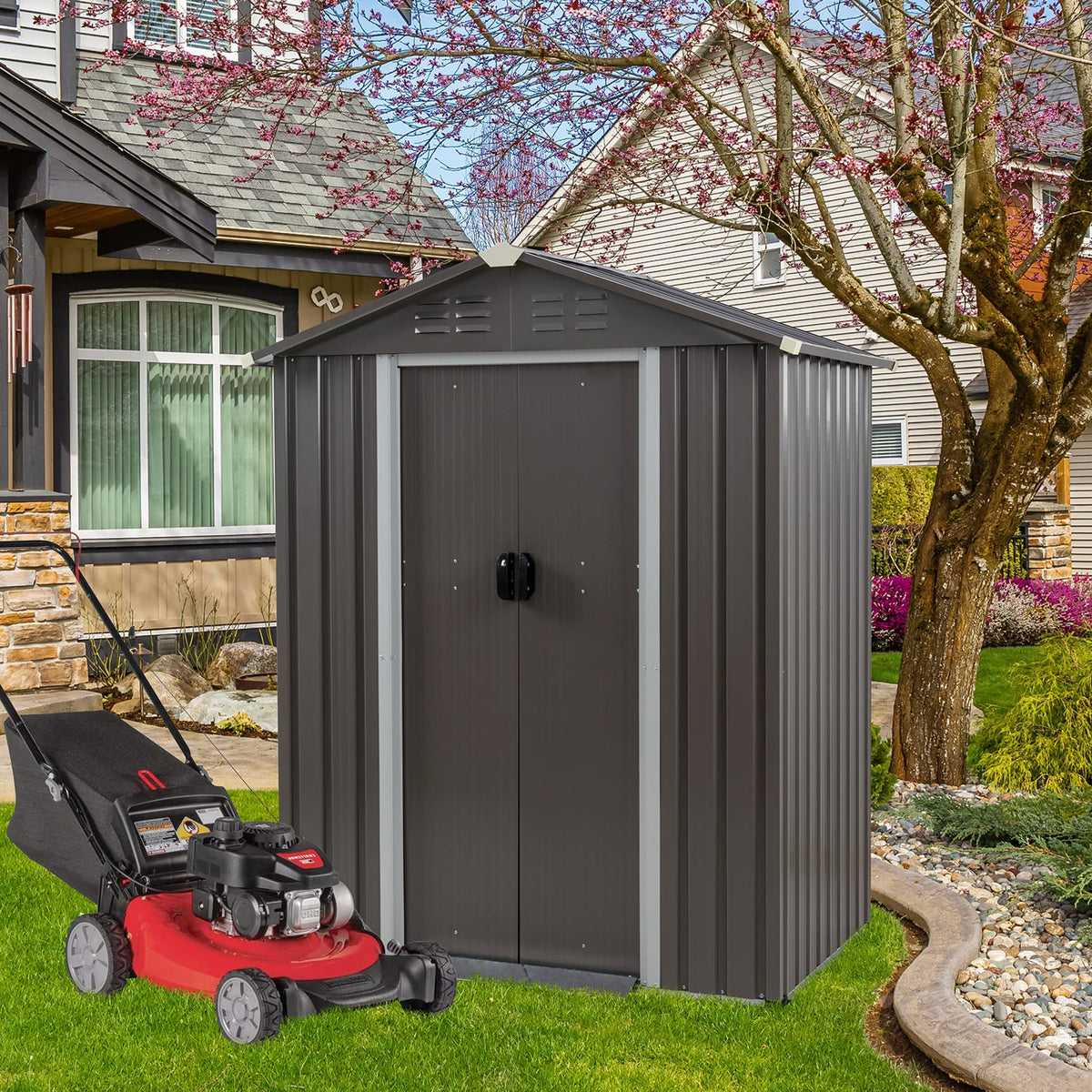 Vongrasig 5 x 3 x 6 FT Outdoor Storage Shed, Metal Tool Shed Clearance Garden Steel Shed with Side Window and Lockable Door Waterproof Tool Shed for Backyard Patio, Lawn (Gray)
