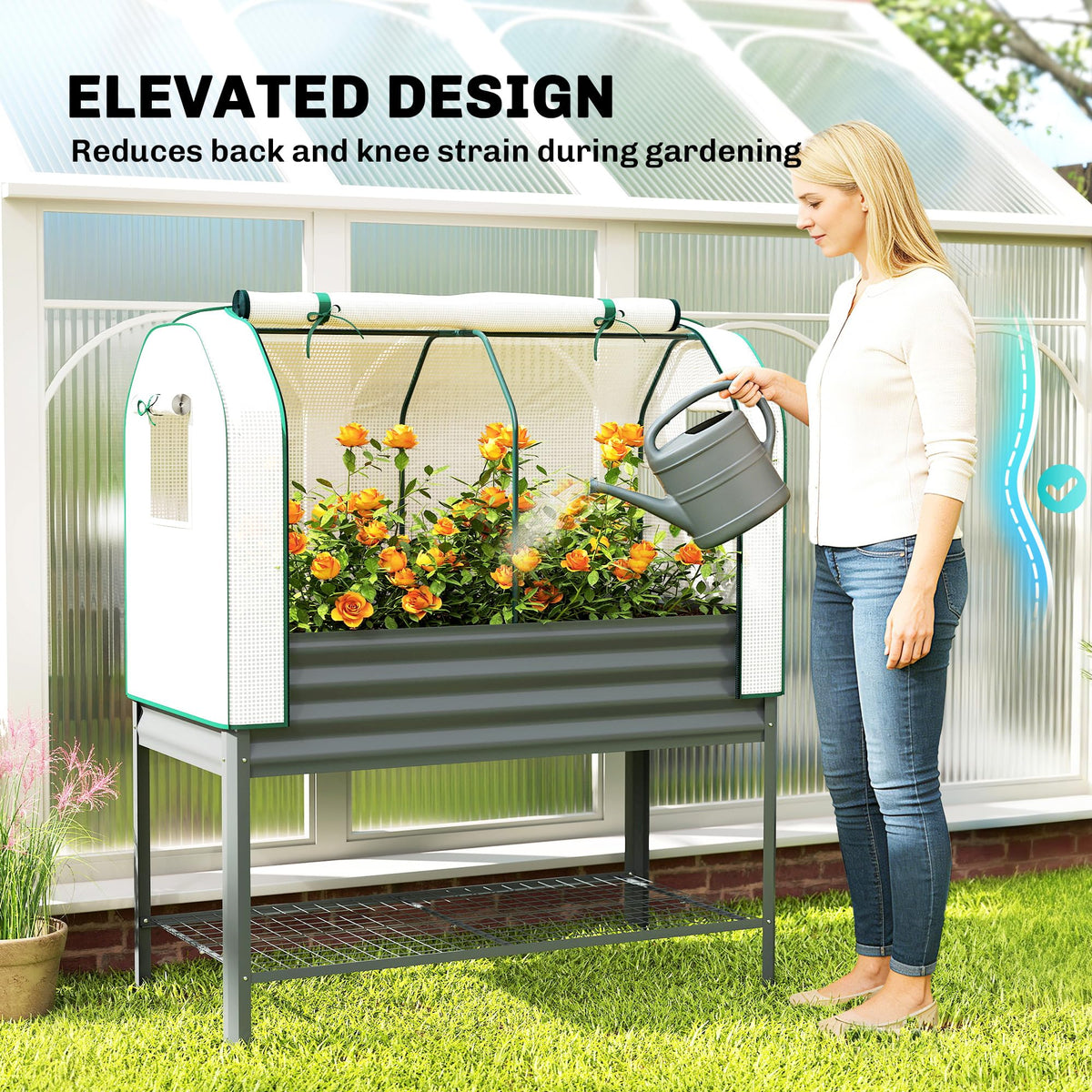 Outsunny Galvanised Raised Garden Bed with Greenhouse Cover, Metal Elevated Garden Bed with Legs, Bed Liner and Bottom Shelf, Outdoor Raised Planter Box for Vegetables, Herbs, Flowers, Dark Gray