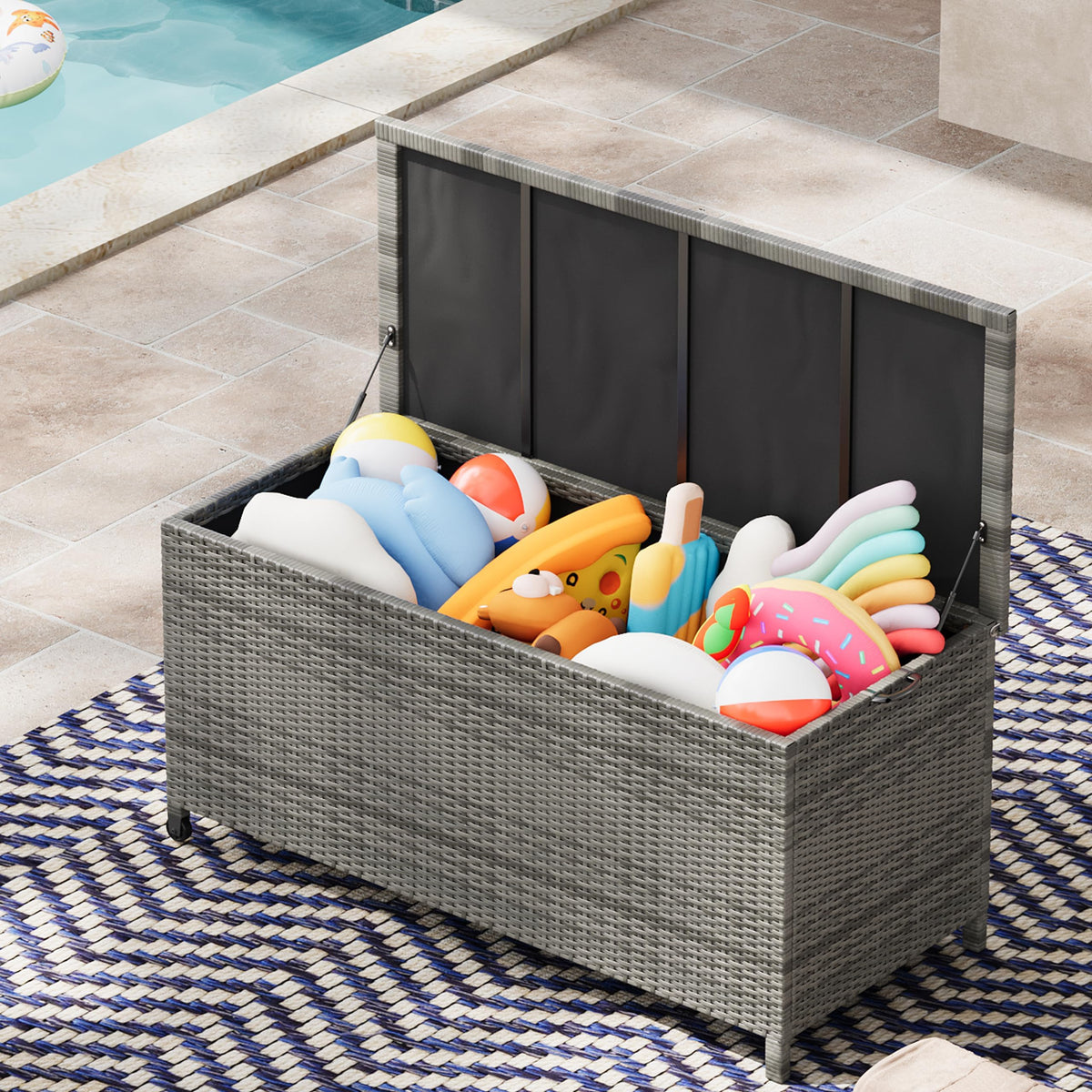 125 Gallon Outdoor Wicker Deck Box, All-Weather Waterproof Patio Storage with PE Rattan Finish & Steel Frame, for Cushions, Garden Tools, Pool Supplies, Lockable Gray Storage Box with Soft-Close Lid