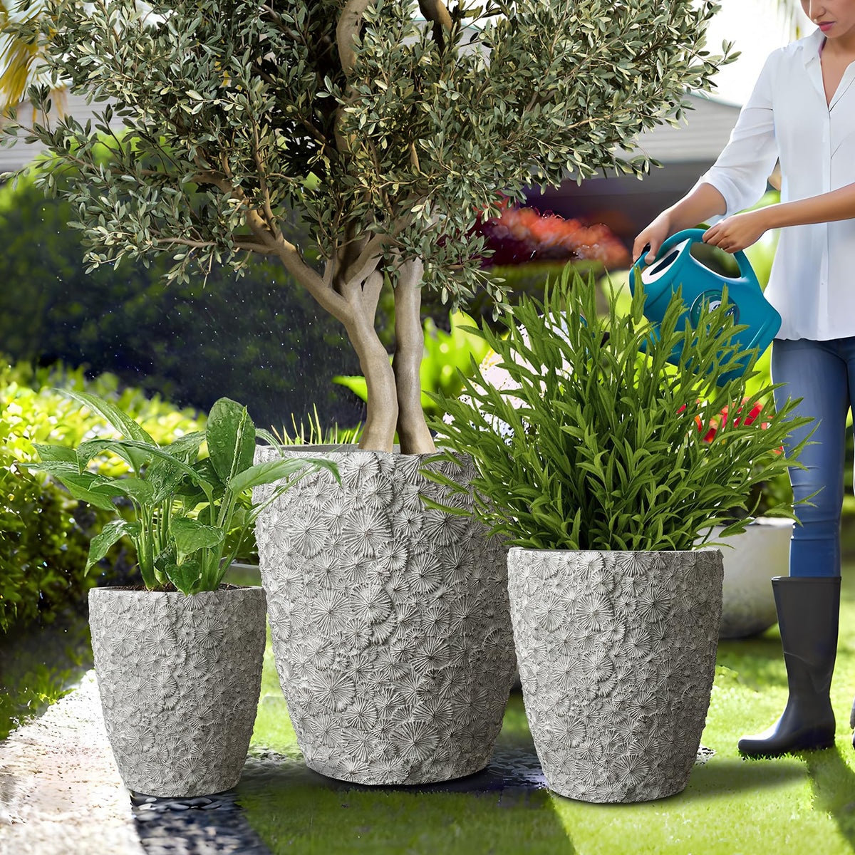 ShangDemonMaster Craft flowerpots 16"+12"+10" Dia Round Concrete Planter Set of 3 Large Outdoor/Indoor Planter Pots Containers with Drainage Holes and Rubber Plug for Home Garden (Grey, Large)